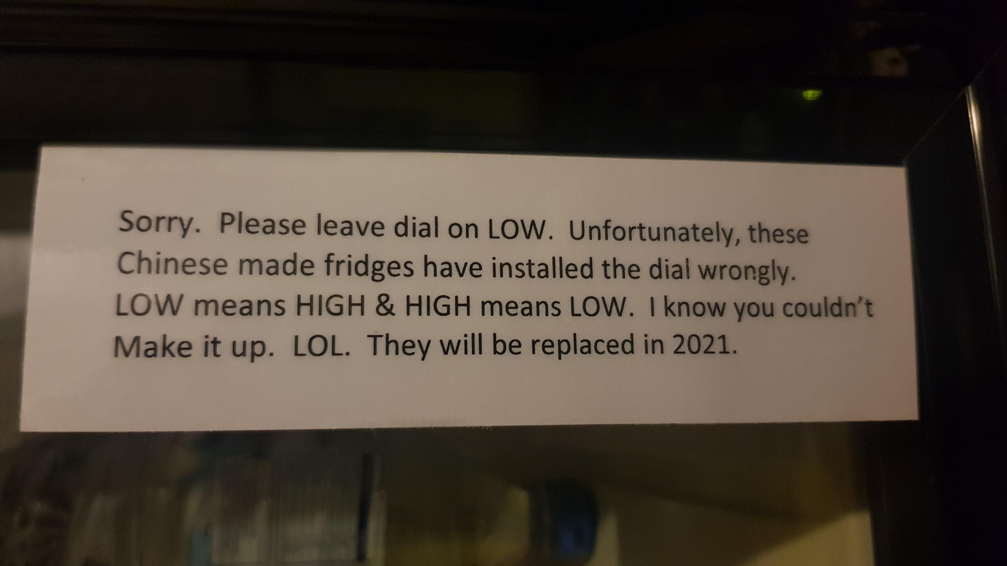 Mini fridge message at 5 star hotel