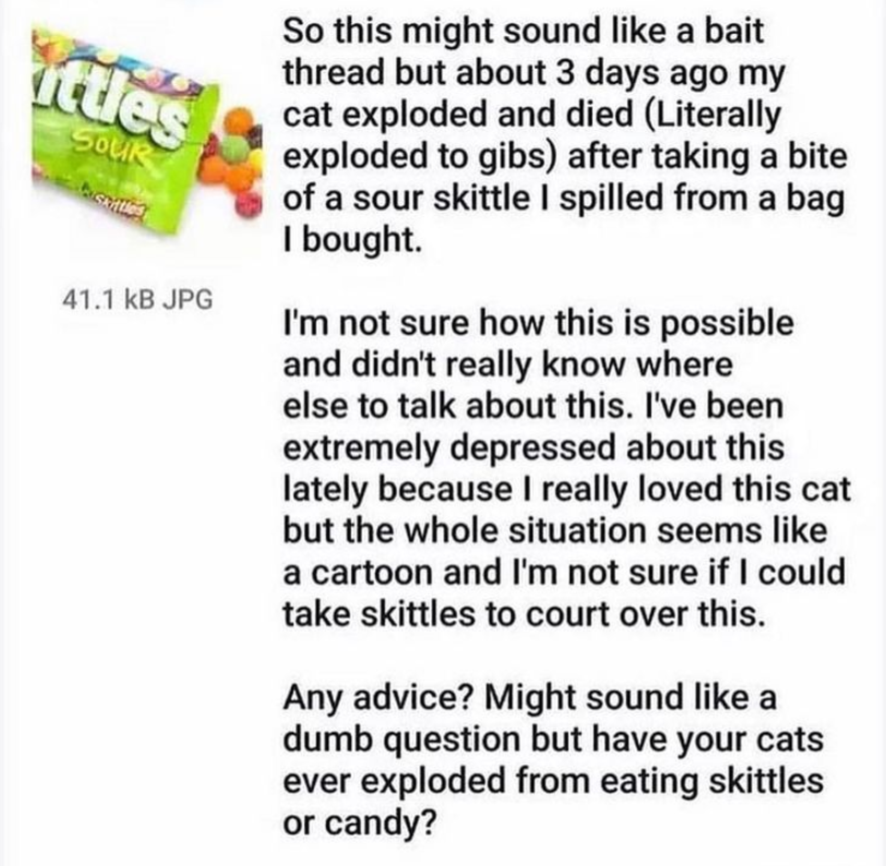 cats can't eat skittles!!!