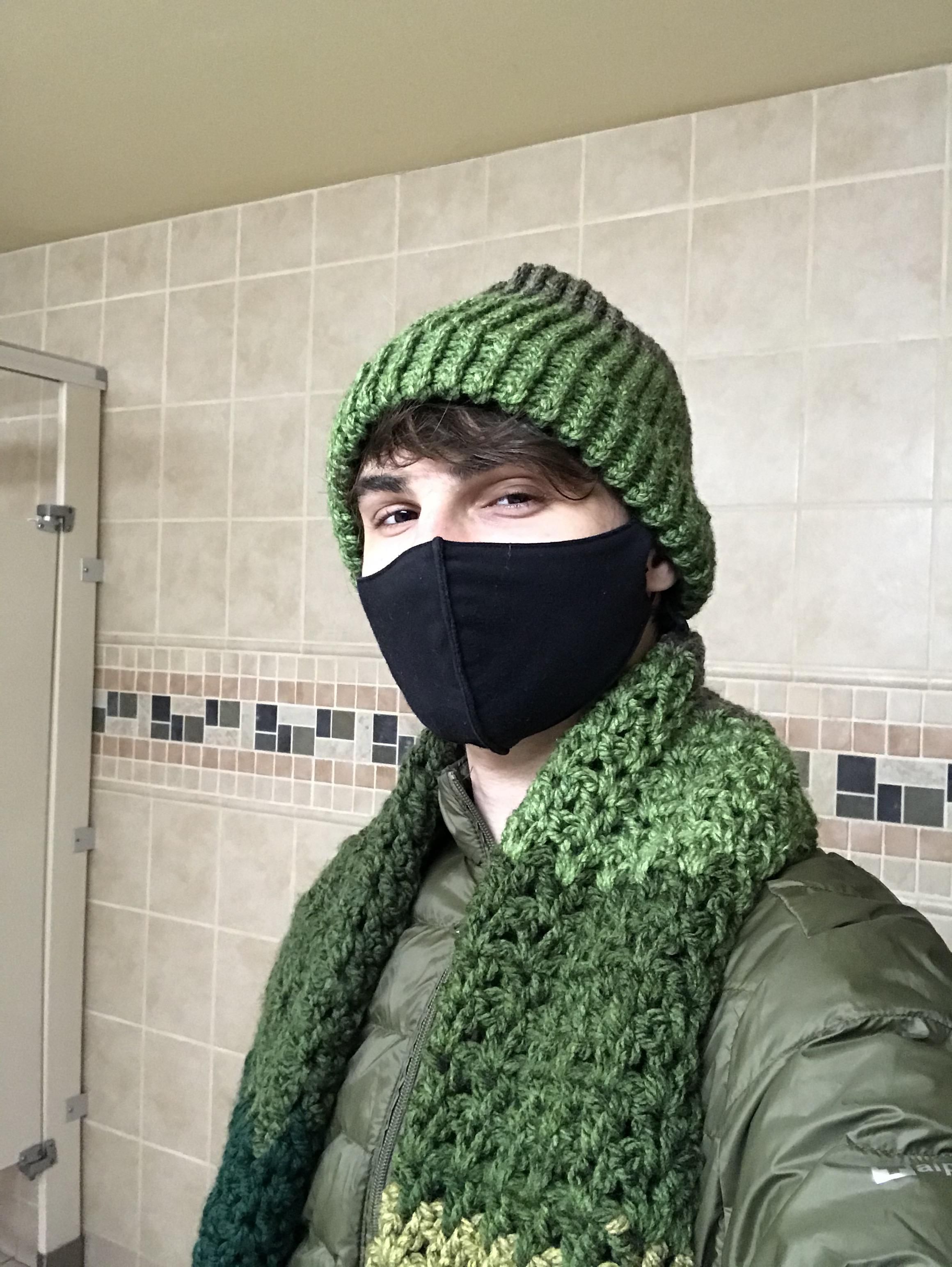 Ive been biking to work in the cold every morning, my co-worker noticed and knitted me a scarf and beanie.