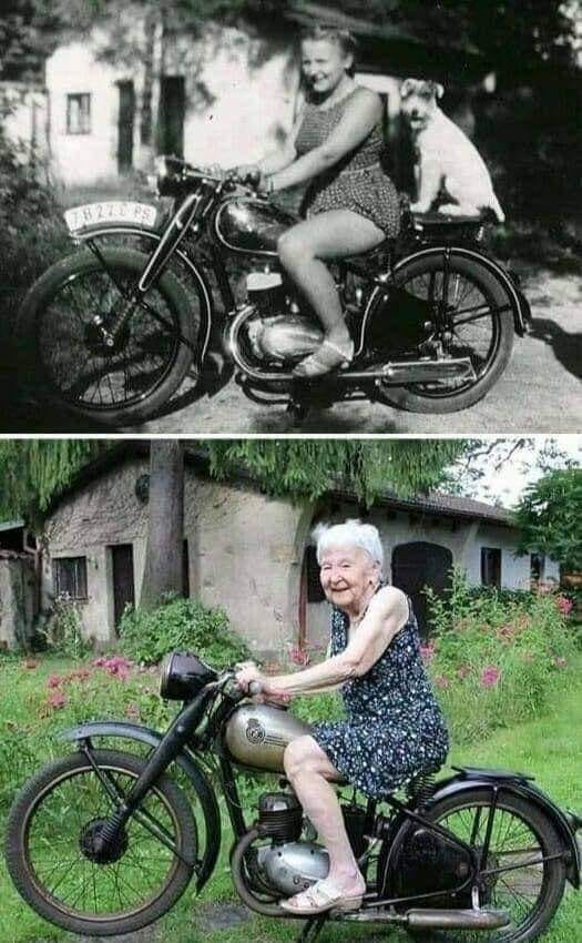same house, same woman and same motorbike, 50 years later.