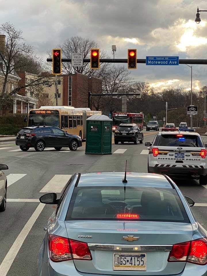 A wind storm blew a porto-potty into an intersection in Pittsburgh, PA today....