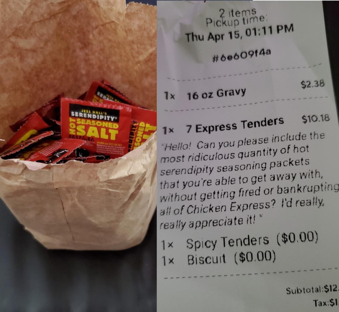 I asked for a ridiculous quantity of a seasoning that I like with my doordash order, and I wasn't at all disappointed by the glorious human being that fulfilled my request.