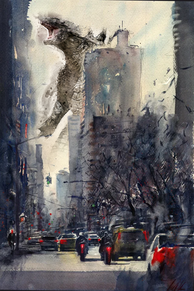 I photoshopped Godzilla into that guy's watercolor of the street outside his apartment.