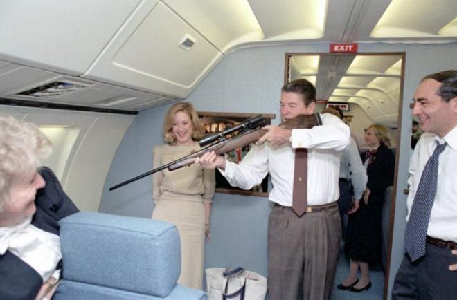 President Reagan shoots down the last living bird from an airplane, later replacing it with a government drone