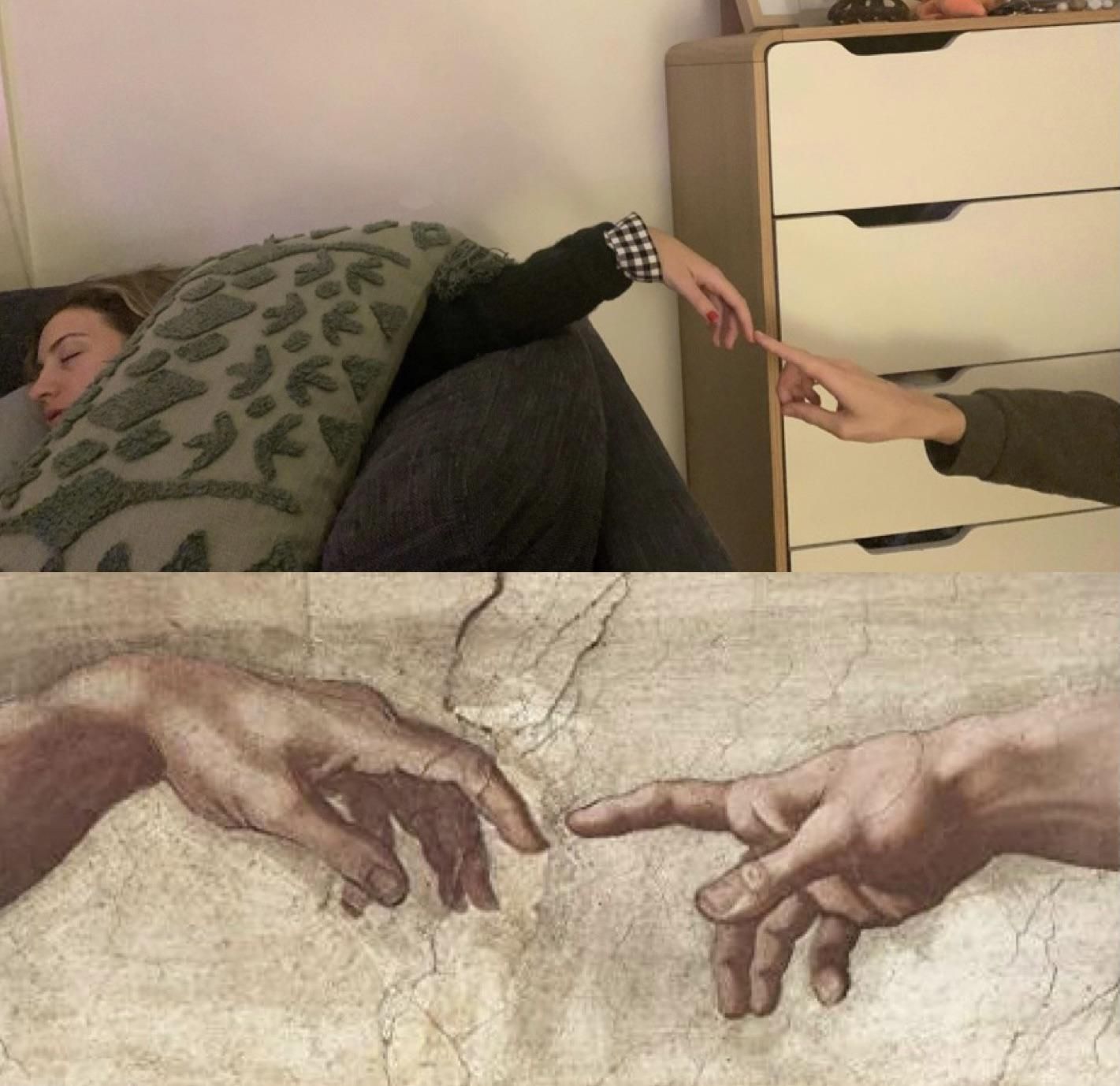 My wife fell asleep like this during a move so I decided to recreate ‘The creation of Adam’