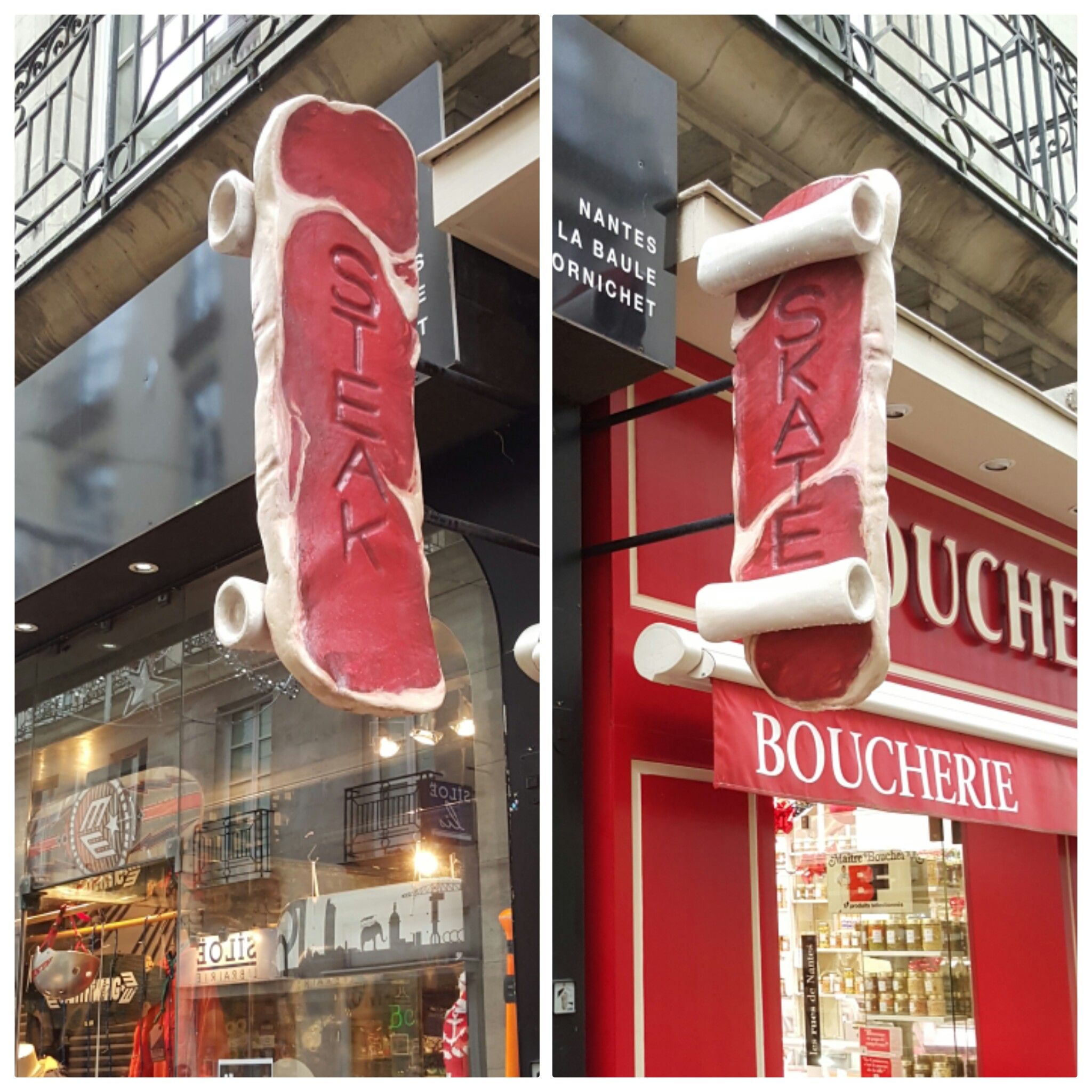 This sign shared between a butcher shop and a skate shop in Nantes, France
