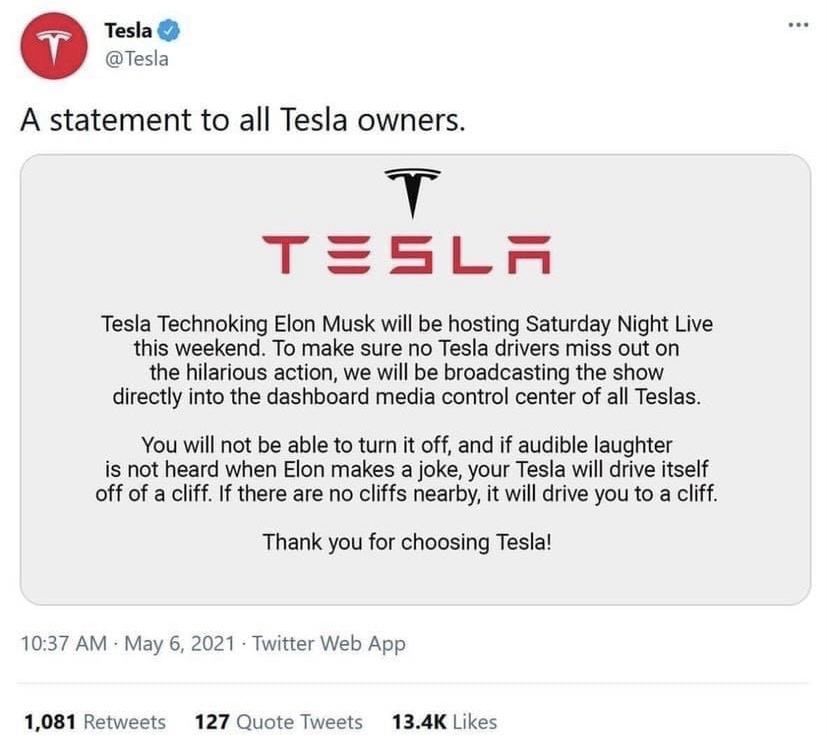 Go ahead and drive me off a cliff Elon f*cked everyone who bought doge coin