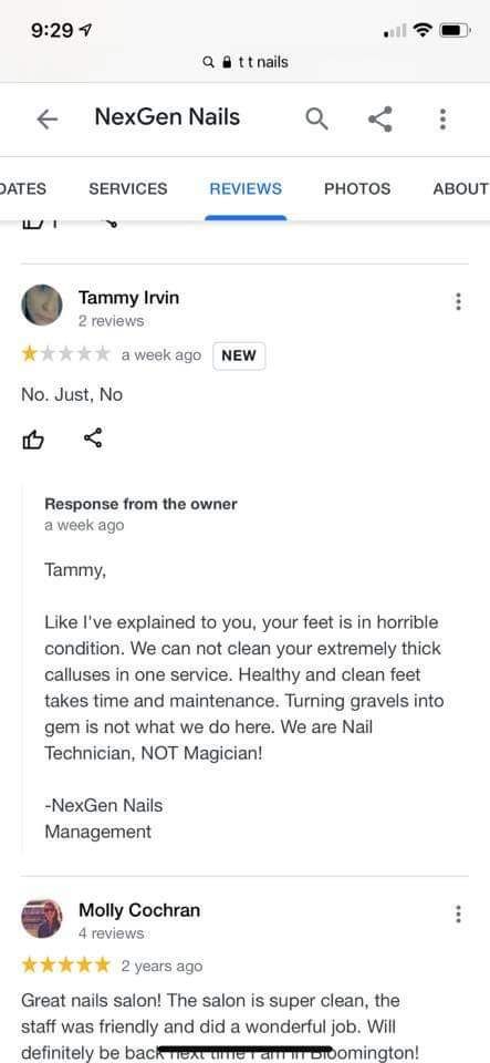 This review and response for a nail salon in Southern Indiana