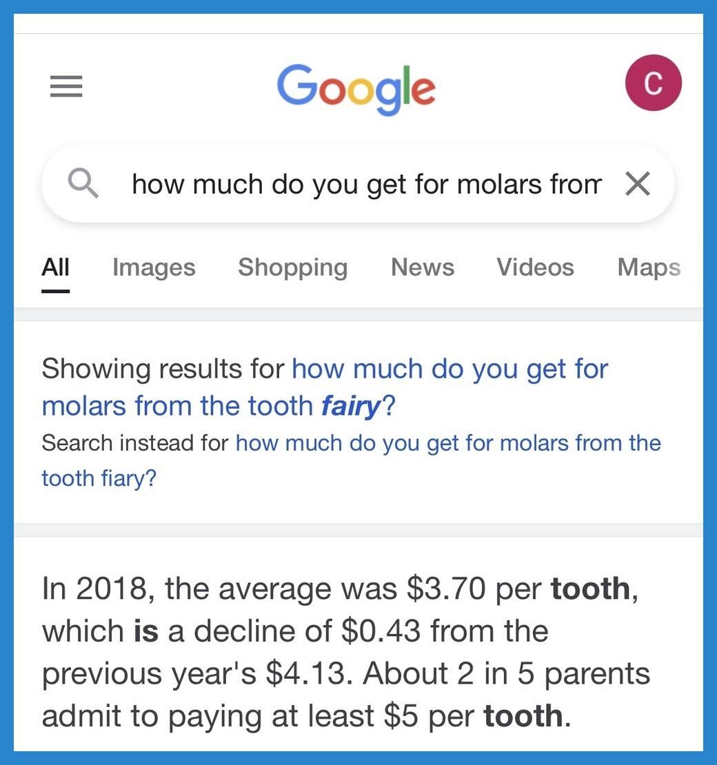 My daughter lost a tooth. My spouse and I said it was worth a dollar. Our daughter sent us this screenshot.