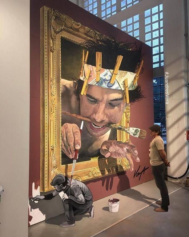 A painting of a painter watching a painting of a painter painting a painter