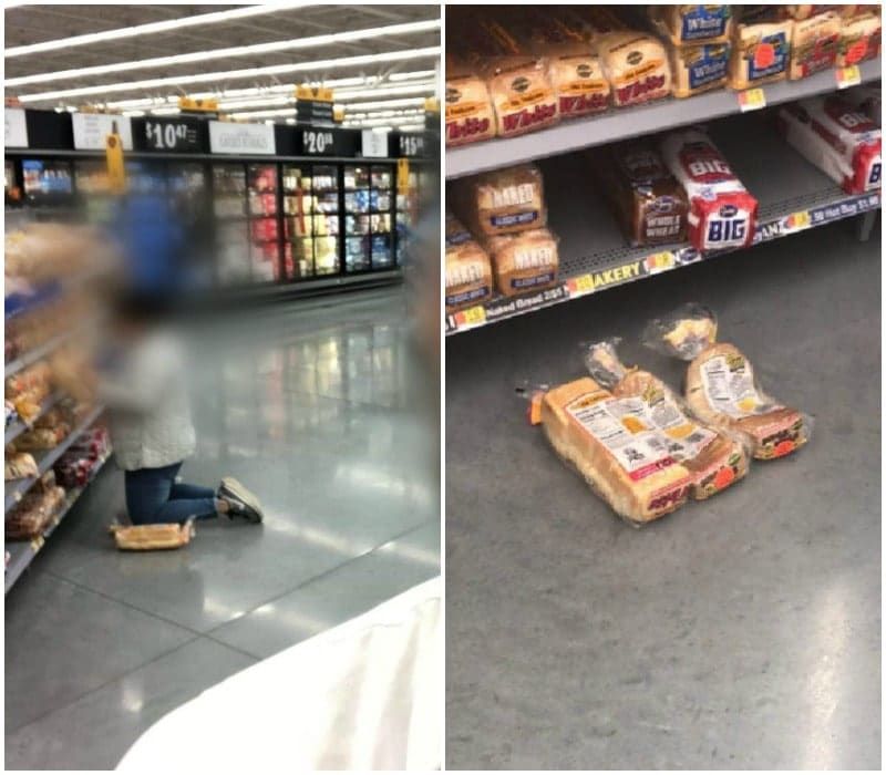 We all know the trick with the fresh bread being stocked behind the older dated bread, well this woman made sure she was comfortable looking for the freshest loaf.