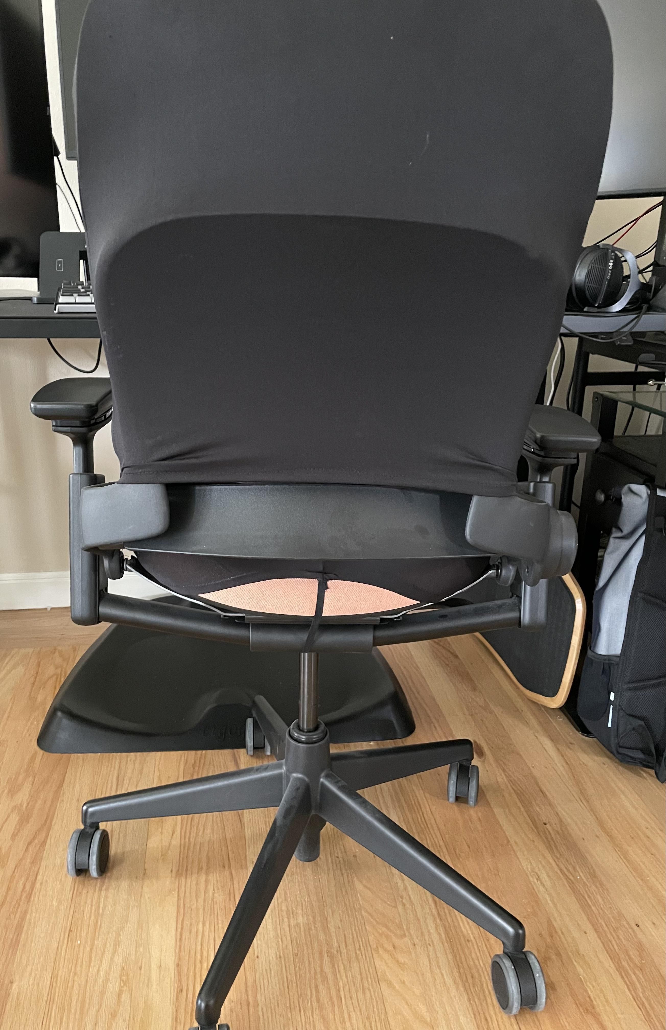 My husband got a free ergonomic chair, the downside being peach color fabric. He got black covers to go on it and accidentally gave himself perma plumbers crack..