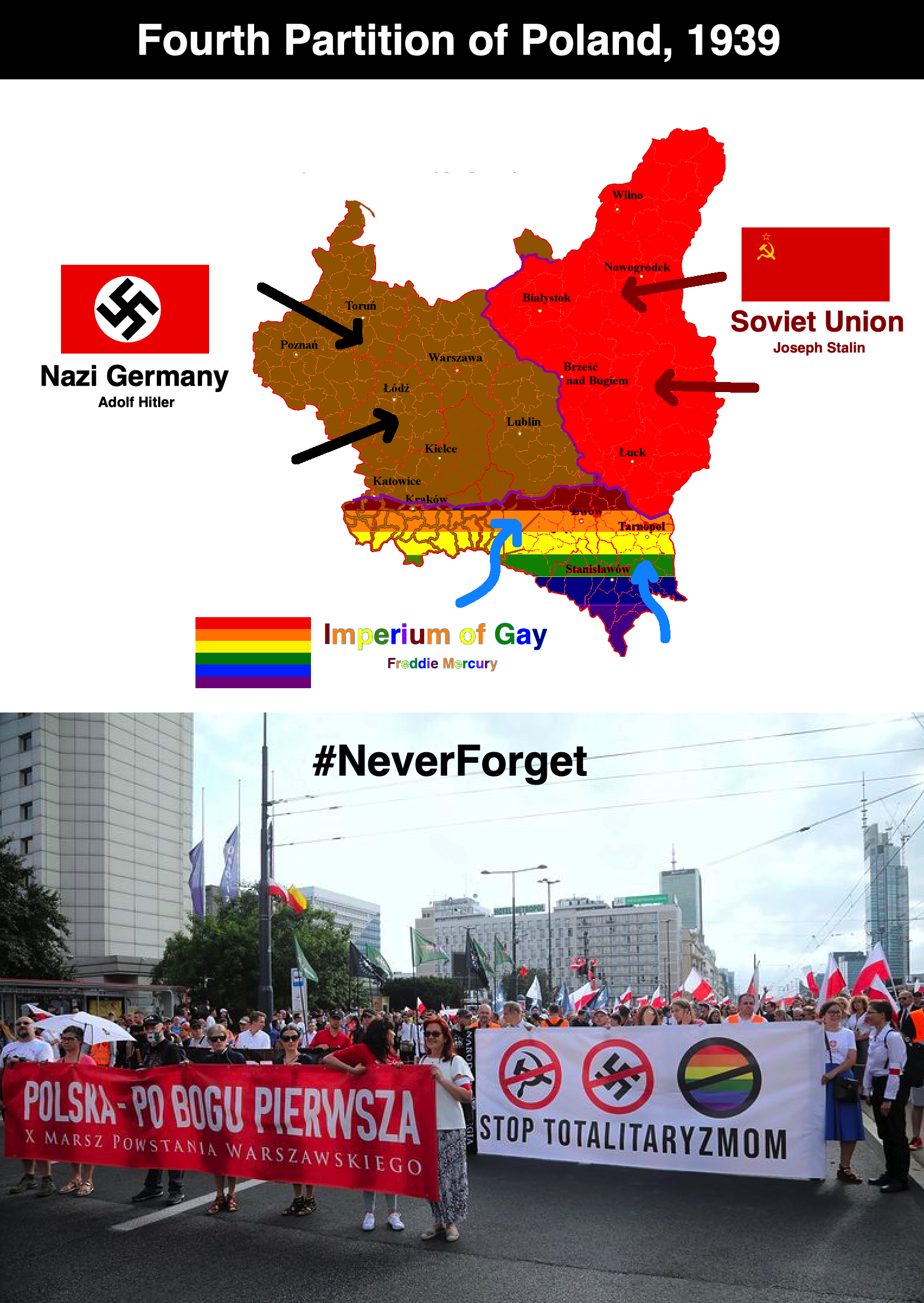 Poland is invaded and partitioned by the joint forces of Nazi Germany, the Soviet Union, and the Imperium of Gay, 1939. 80 years later, Poles still remember the atrocities #NeverForget