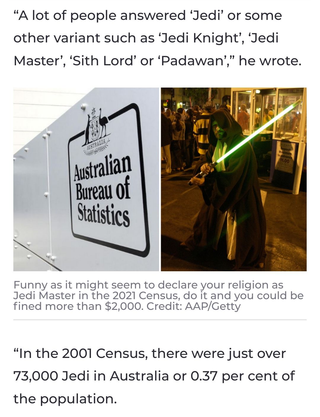 Just a year before the Attack of the Clones, Australia had 73,000 Jedi on standby, 2001