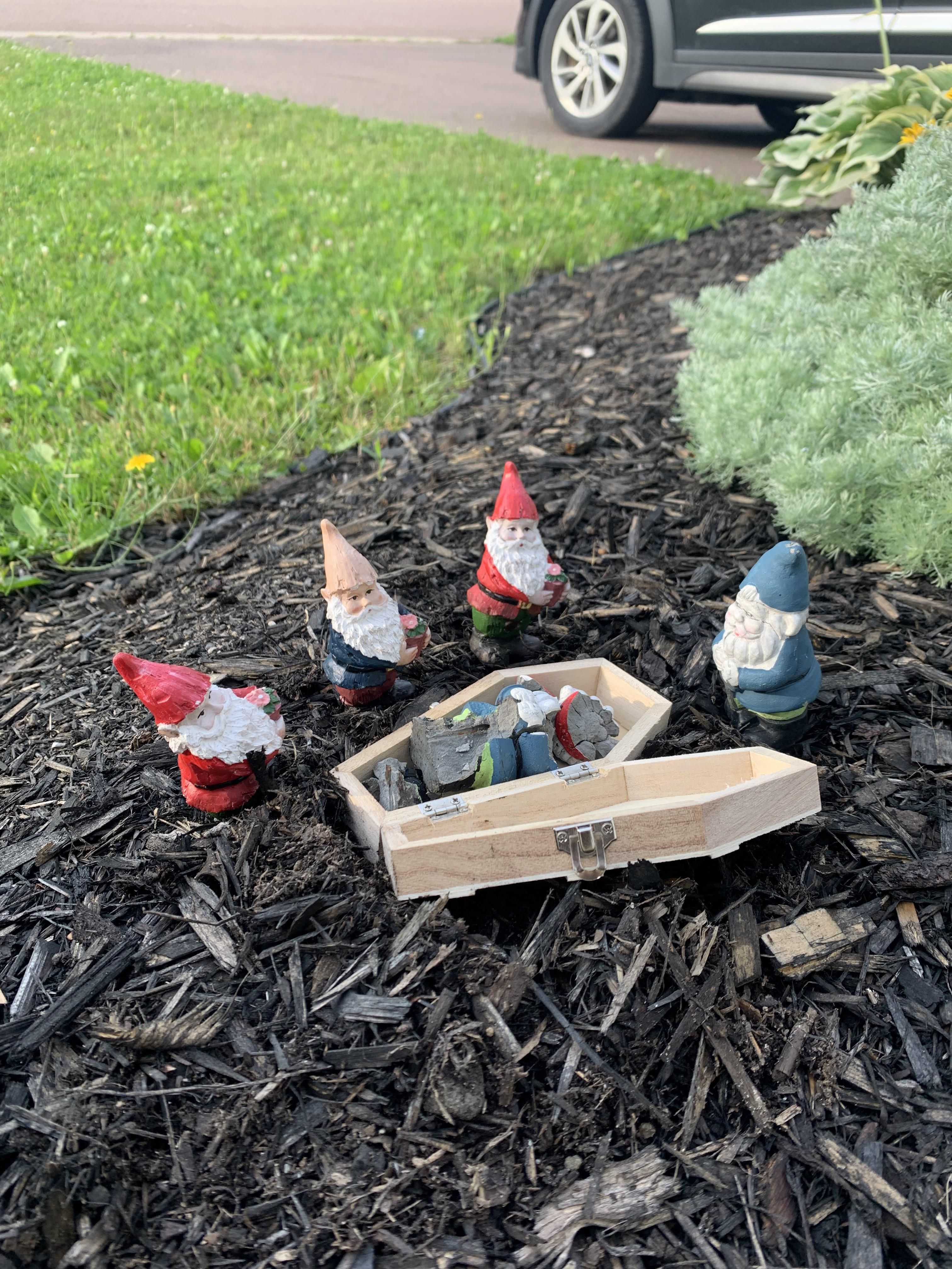 One of my garden gnomes sadly passed away this year. So with the help of my crafty neighbour, we are holding a funeral service in his honour for the rest of summer.