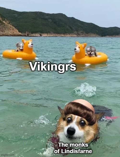 Vikingrs didn't have horns on their helmets, but they did sail on dog inflatables