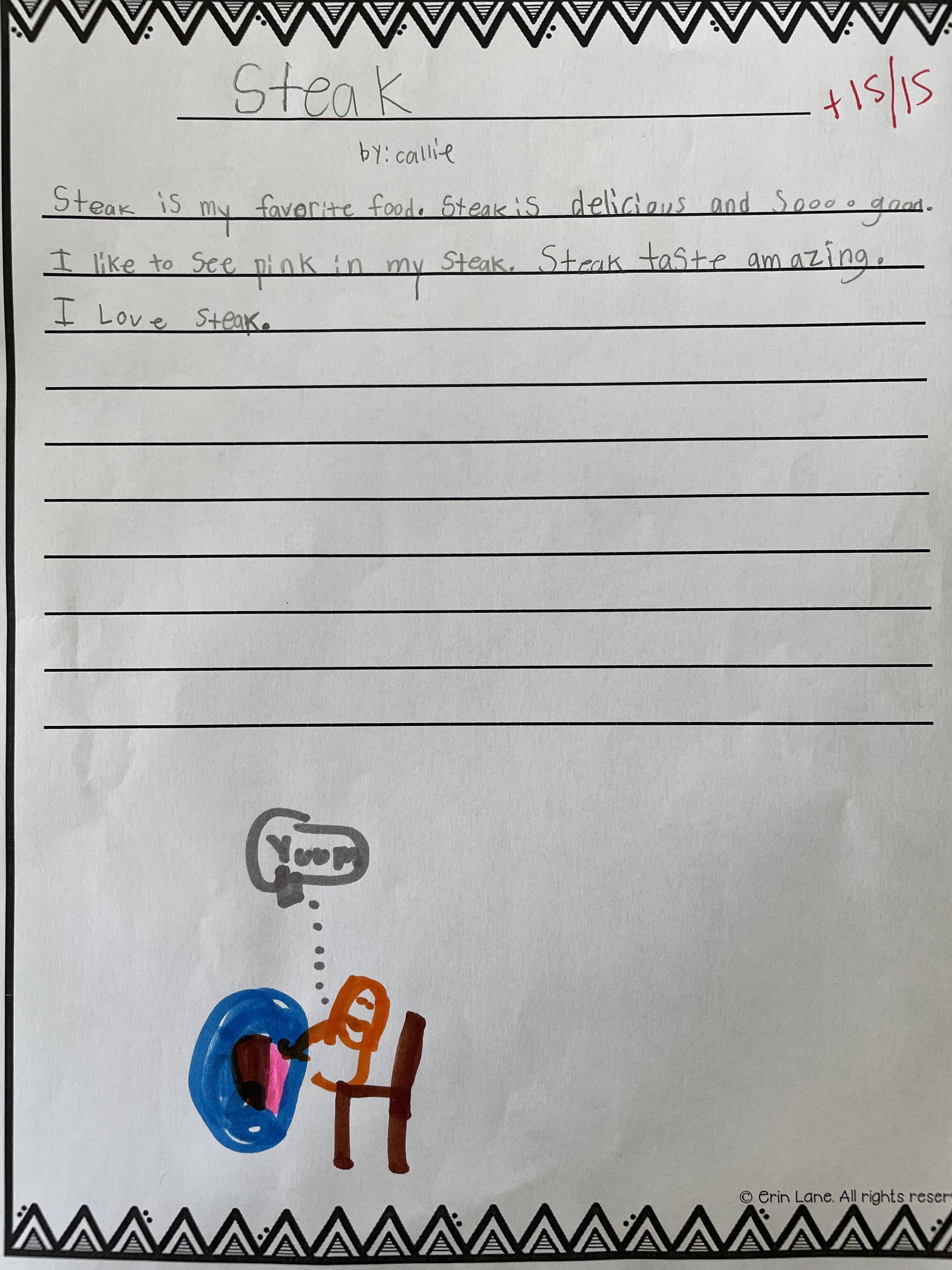 Daughter was told to write about something she likes.