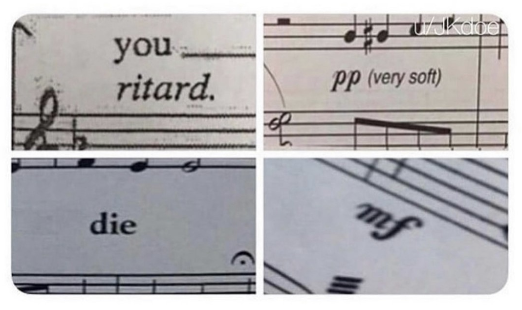 Things in piano sheet music that look like insults
