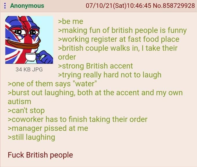 Bri'ish "people" order water at a fast food place
