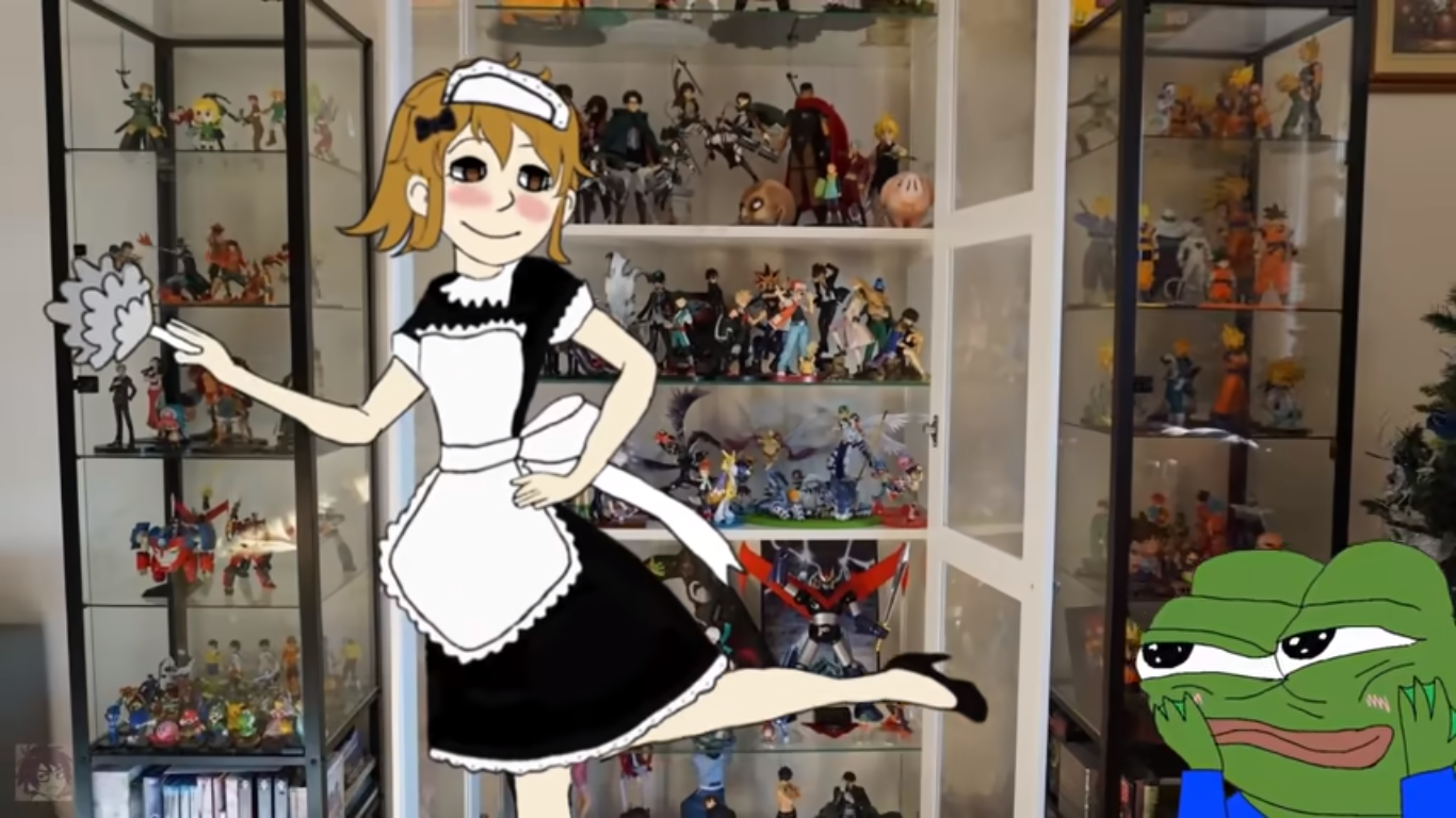 "Oh, your figurines are so cool. We shouldn't let them get all dusty, Pepe."