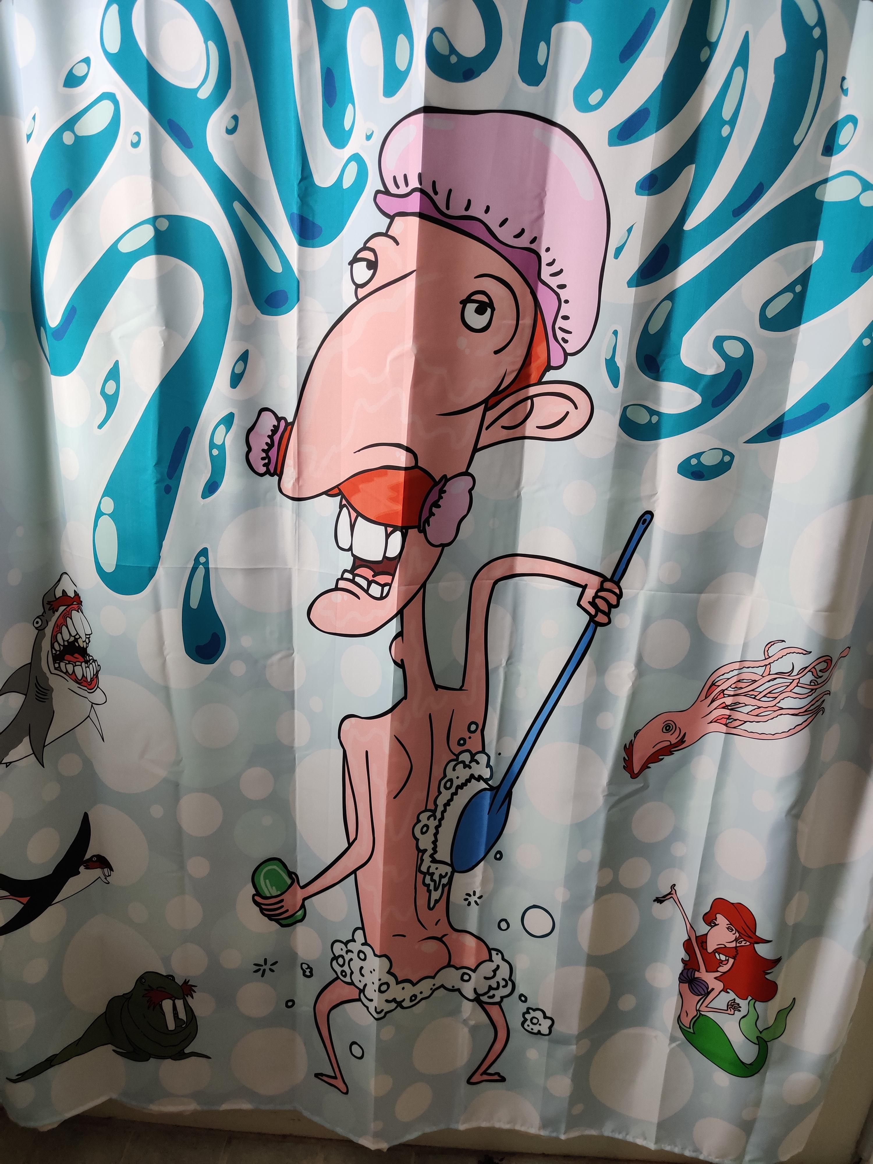 My friend's interesting taste in shower curtains.
