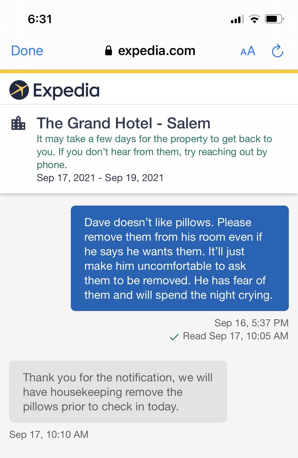 Someone booked a hotel with my email address. Gotta message the hotel about his pillow fear.