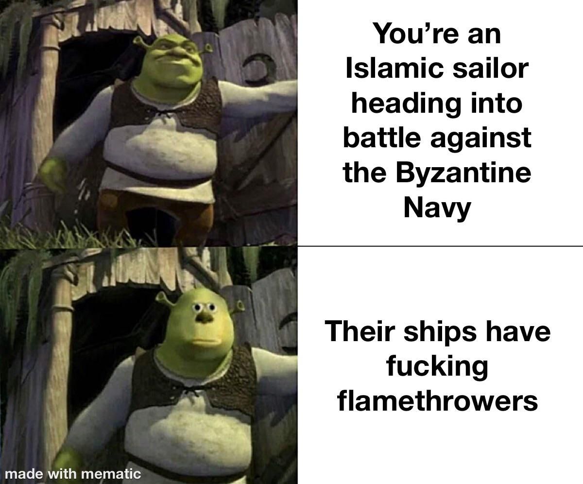 Greek Fire was an incendiary substance developed by the Byzantine Empire around 666 AD. It would mainly be used in naval battles, and would be sprayed from a nozzle onto nearby enemy ships