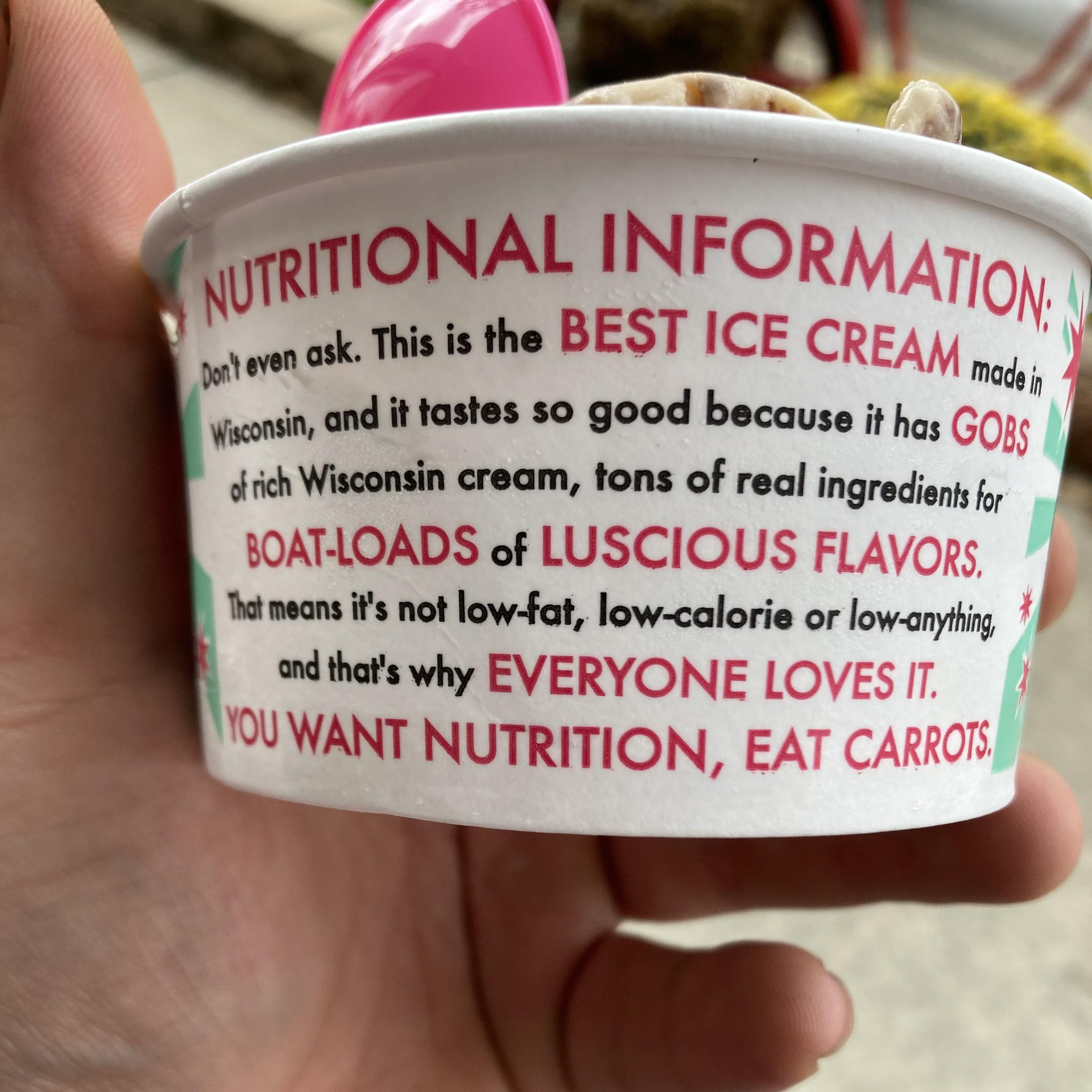 Nutritional information for Chocolate Shoppe ice cream. I appreciate their honesty.