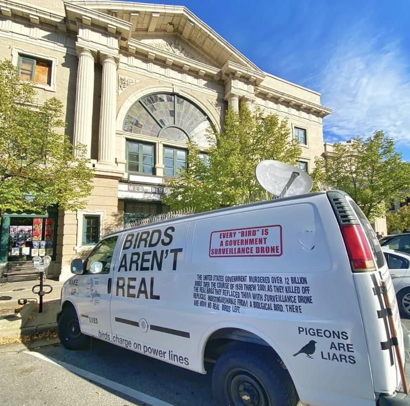 A "birds aren't real" conspiracy theory van parked in Lawrence, Kansas