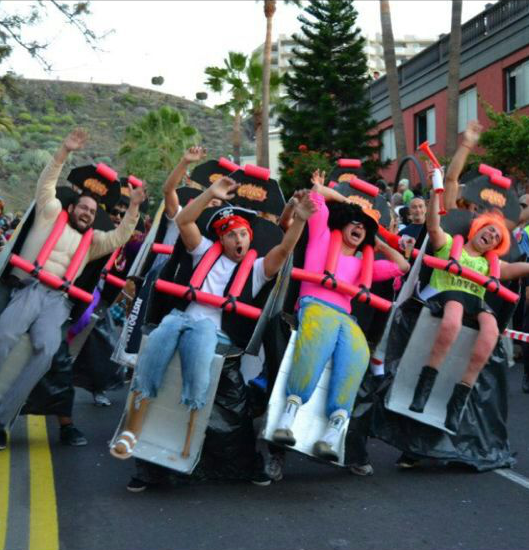 Just a few friends dressed up as a roller coaster.