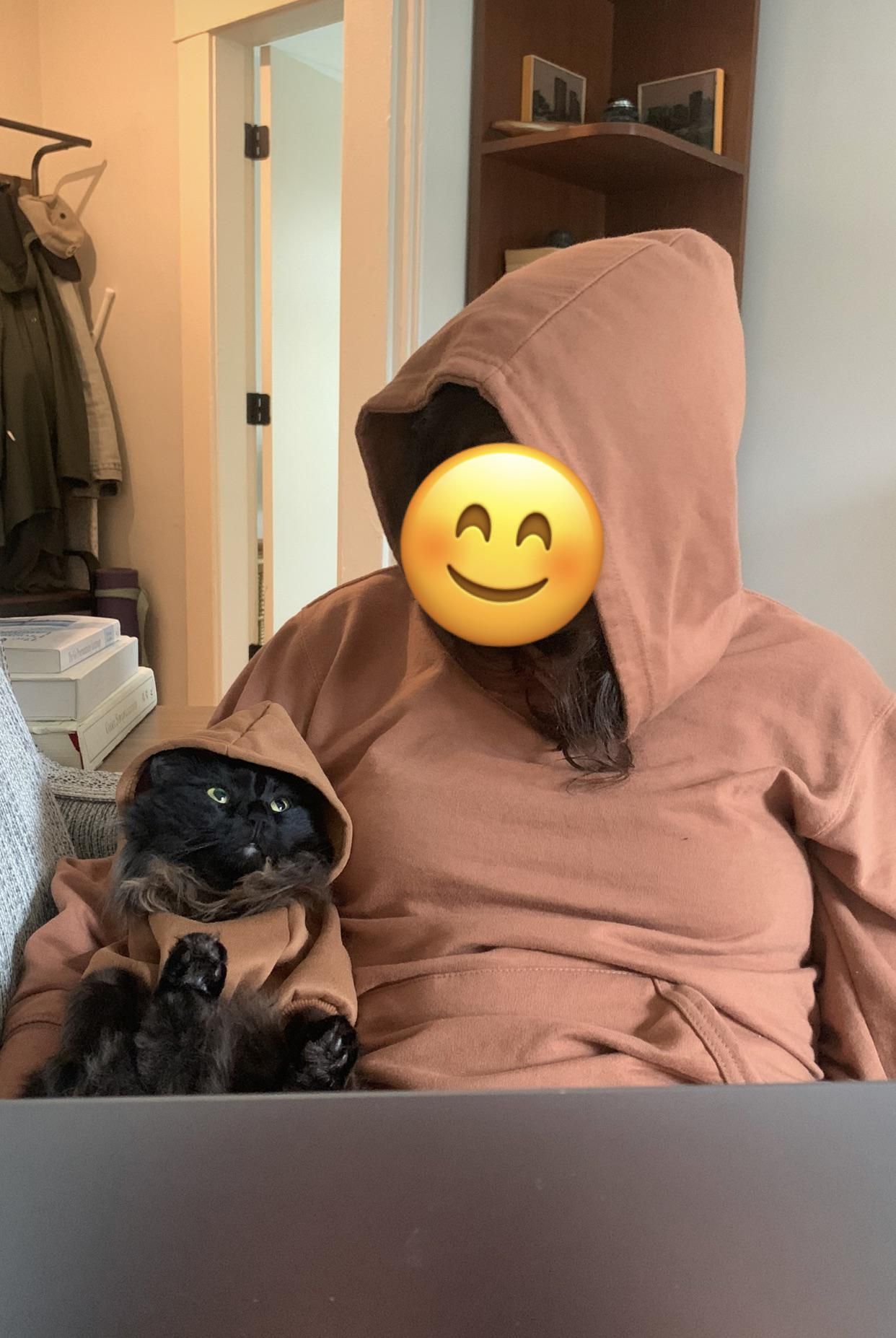 Came home to my girlfriend and cat in matching outfits.