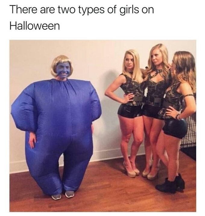 She's dressed as my blue, bloated balls...