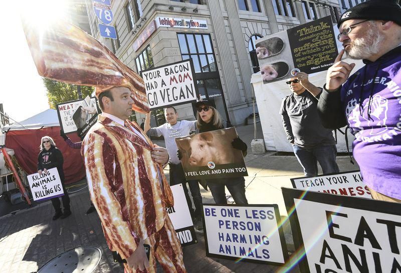 Local town had their annual “Baconfest” and this guy was talking to the vegan protesters.