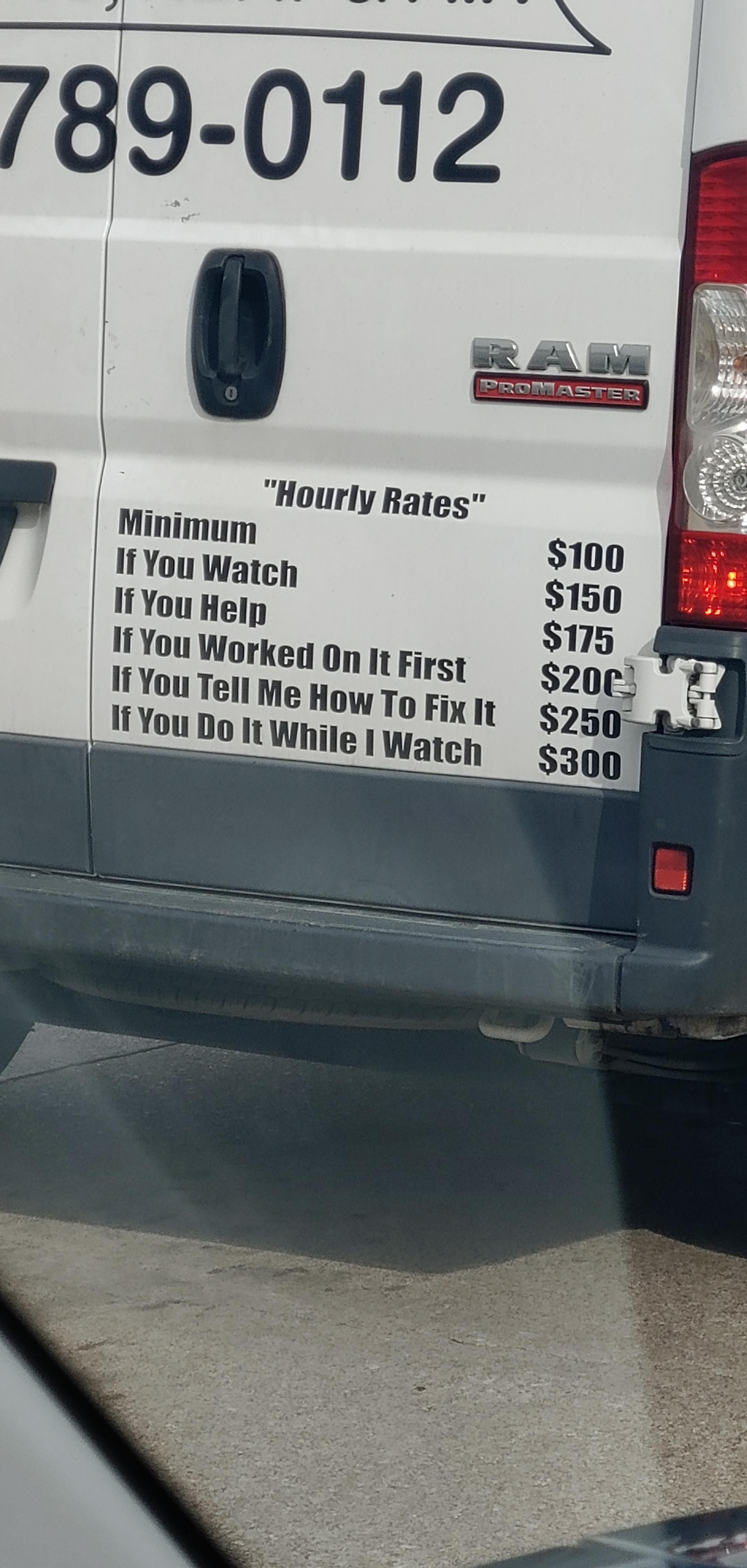 This plumber's rates