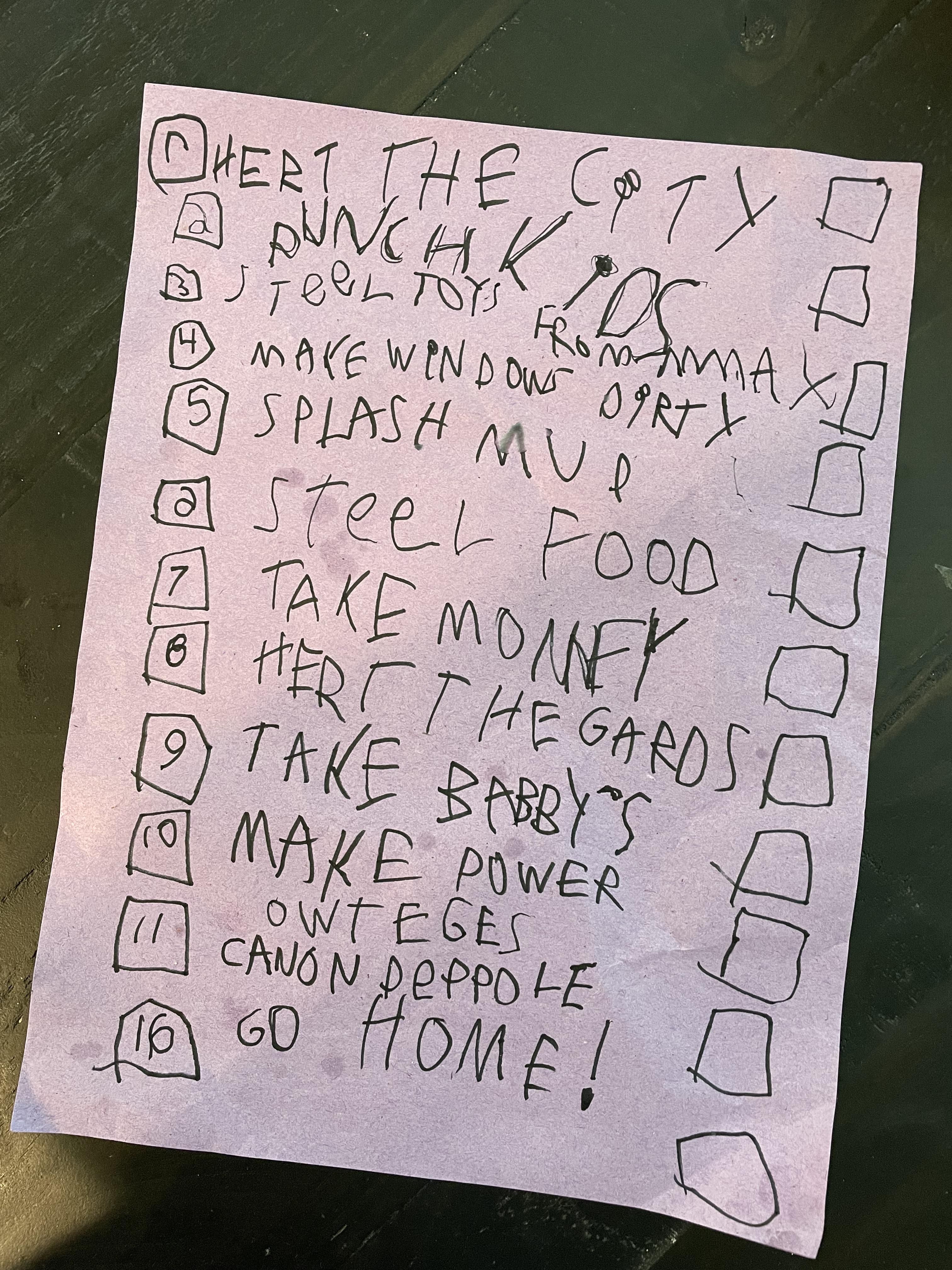 A Villain’s To-Do List - courtesy of my 5 year old