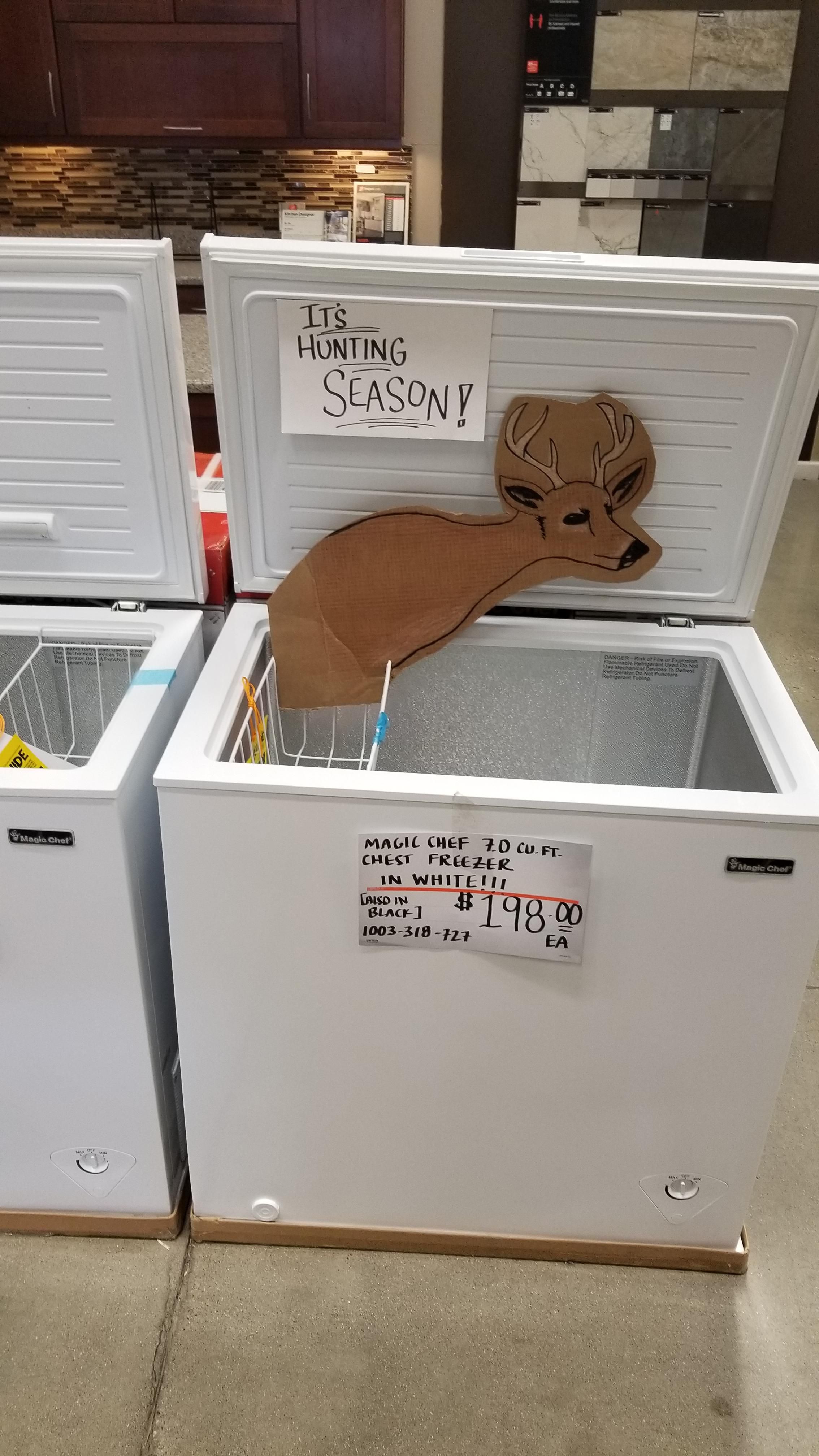 I know Home Depot is just trying to sell freezers but it really looks like this deer is taking a dump in it.