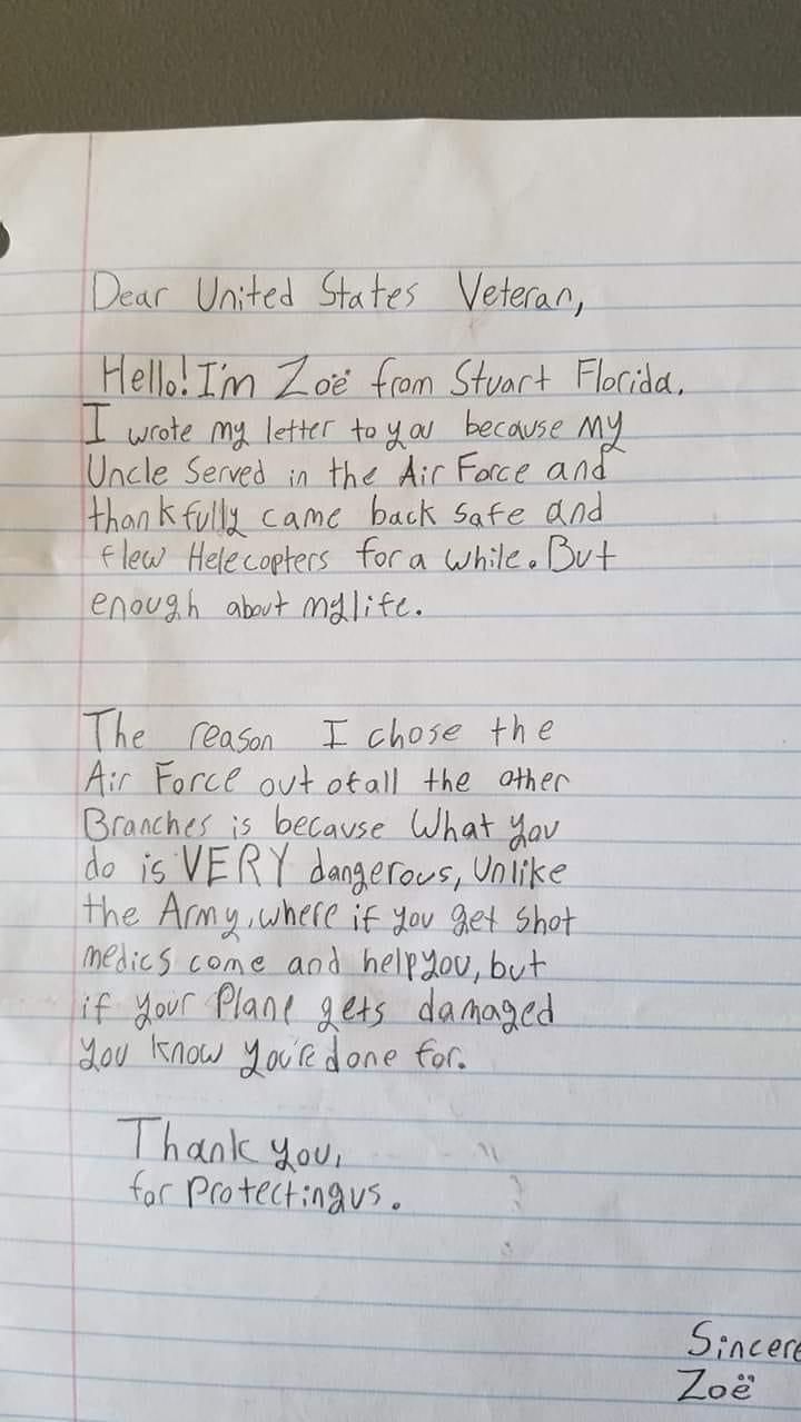 Got this letter from Zoe while deployed. She gets it.