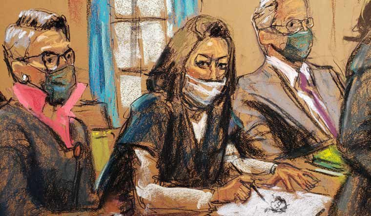 The sketch artist’s drawing of Ghislaine angrily drawing the courtroom sketch artist.