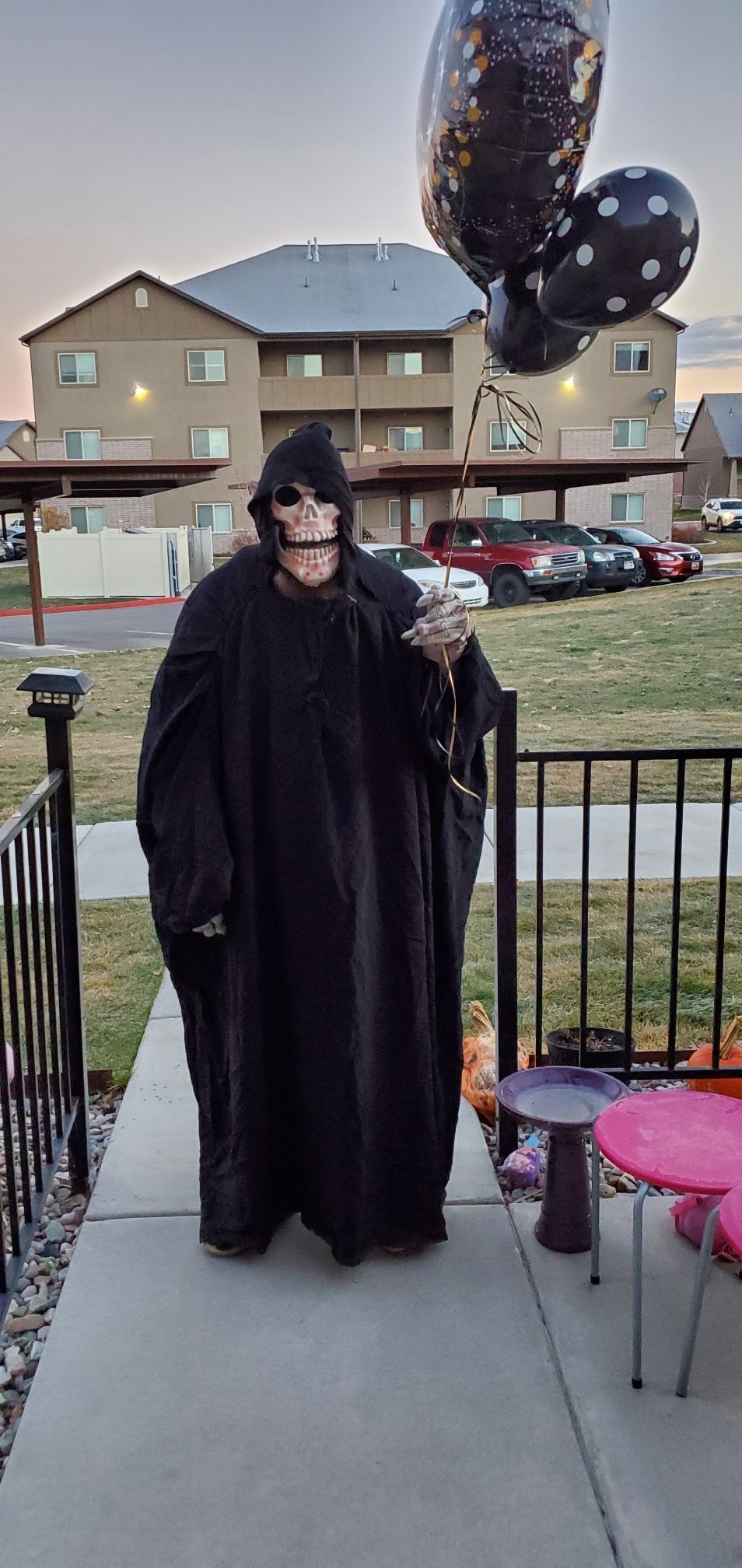 My friend turned 40 today, so I delivered balloons this morning dressed as the grim reaper.