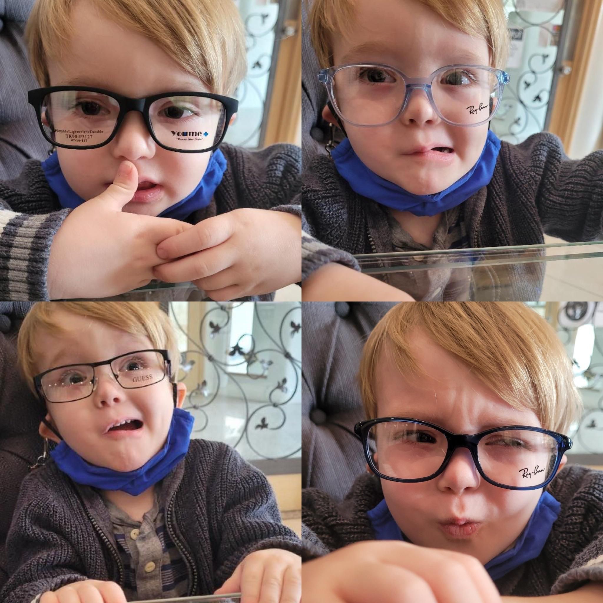My son is getting his first glasses and my wife sends me these pics and asks which pair I like most.