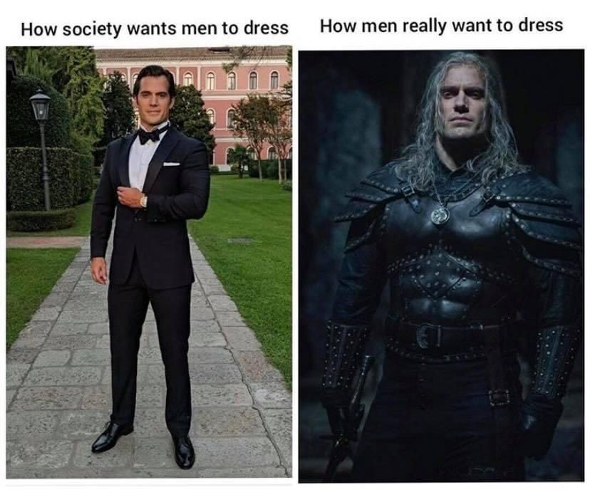 How society wants men to dress VS how men really want to dress.