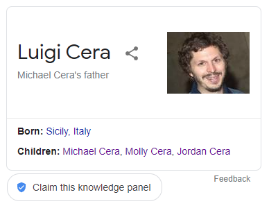 The picture used for Michael Cera's father's knowledge panel by google is just a picture of Michael Cera with a moustache and beard.