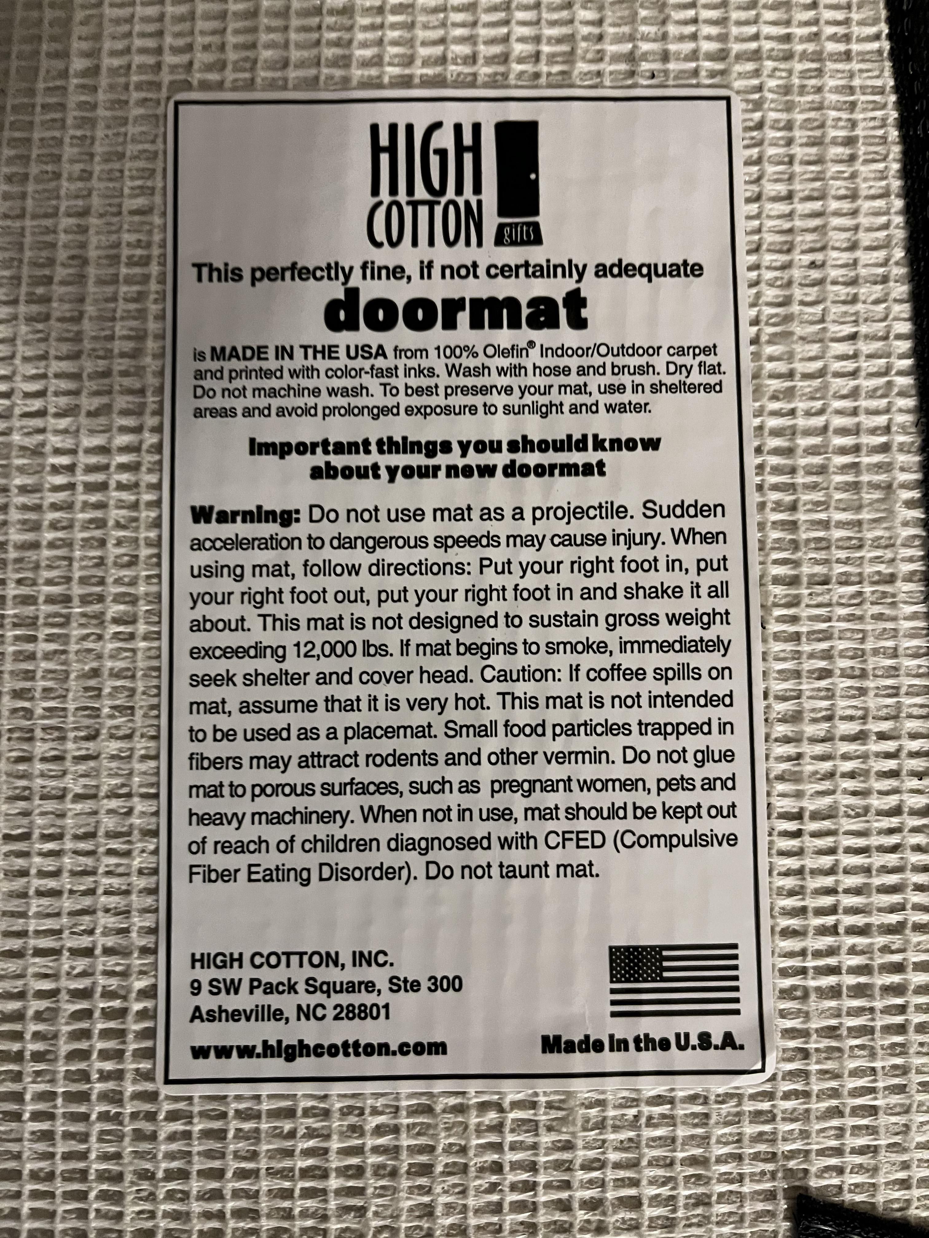 On the back of a floor mat I got for Christmas.
