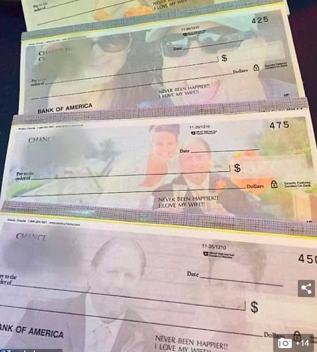 Divorcee forced to pay his ex-wife alimony cheques every month gets his bank to make some custom designs featuring his and his new wife's face