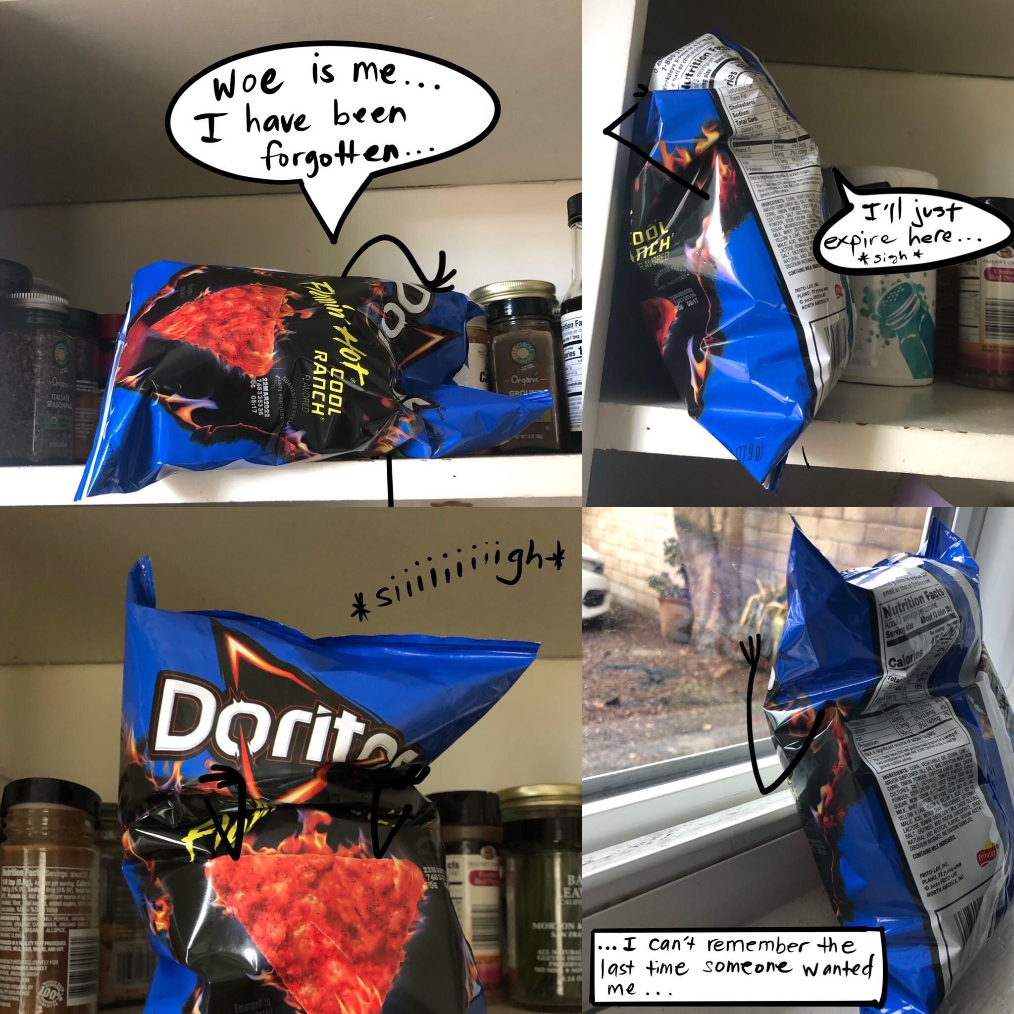 My friend forgot his chips at my place and I’m not into them. I’ve been sending him images like these every few days.