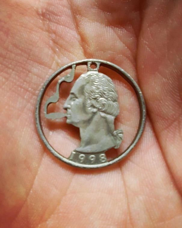 Some guy found a quarter that was carved depicting George Washington smoking weed.