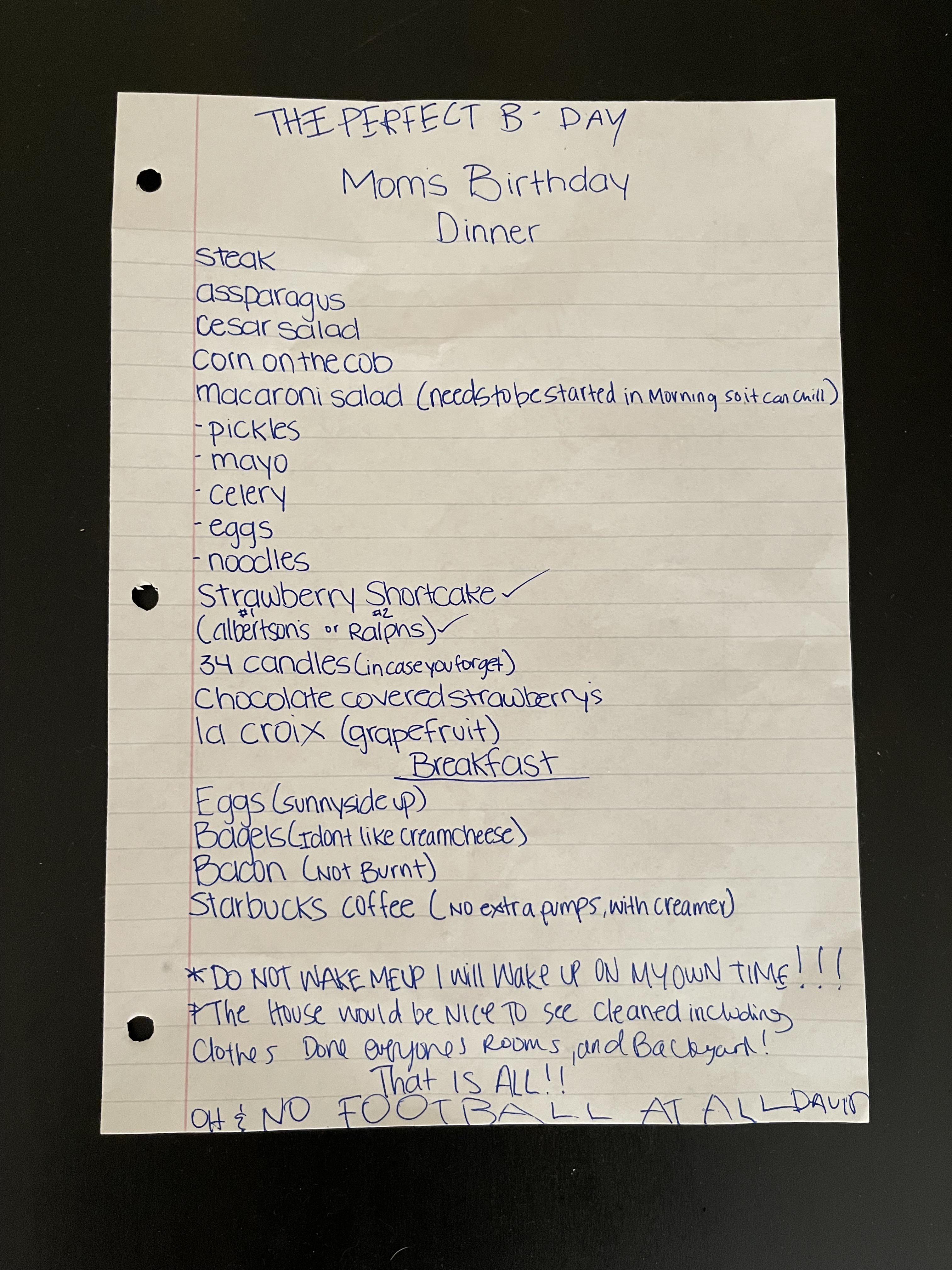 My sisters birthday wish list. Her husband has been asking all week if he can watch football on her birthday.