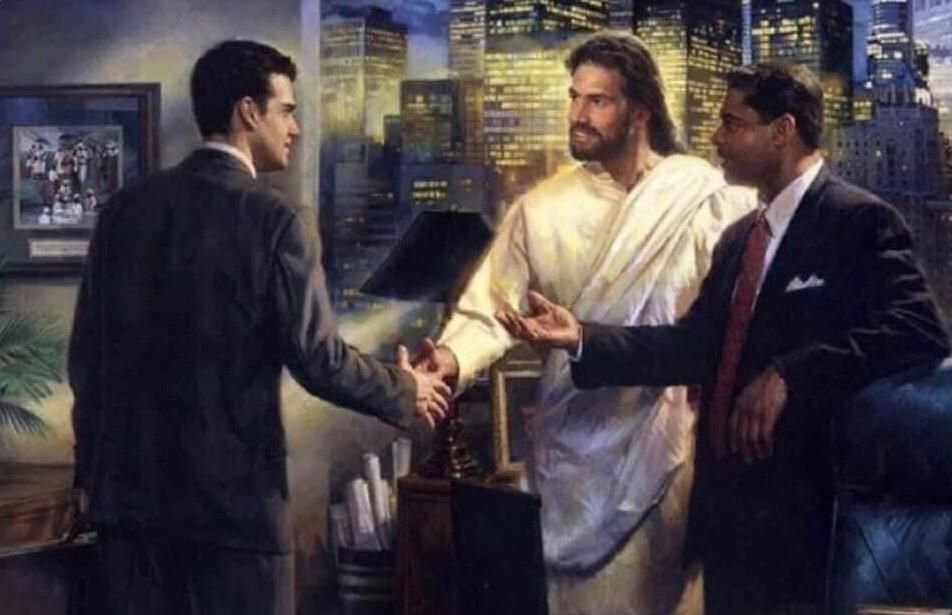 Jesus sealing the deal to have his books in all hotel rooms.