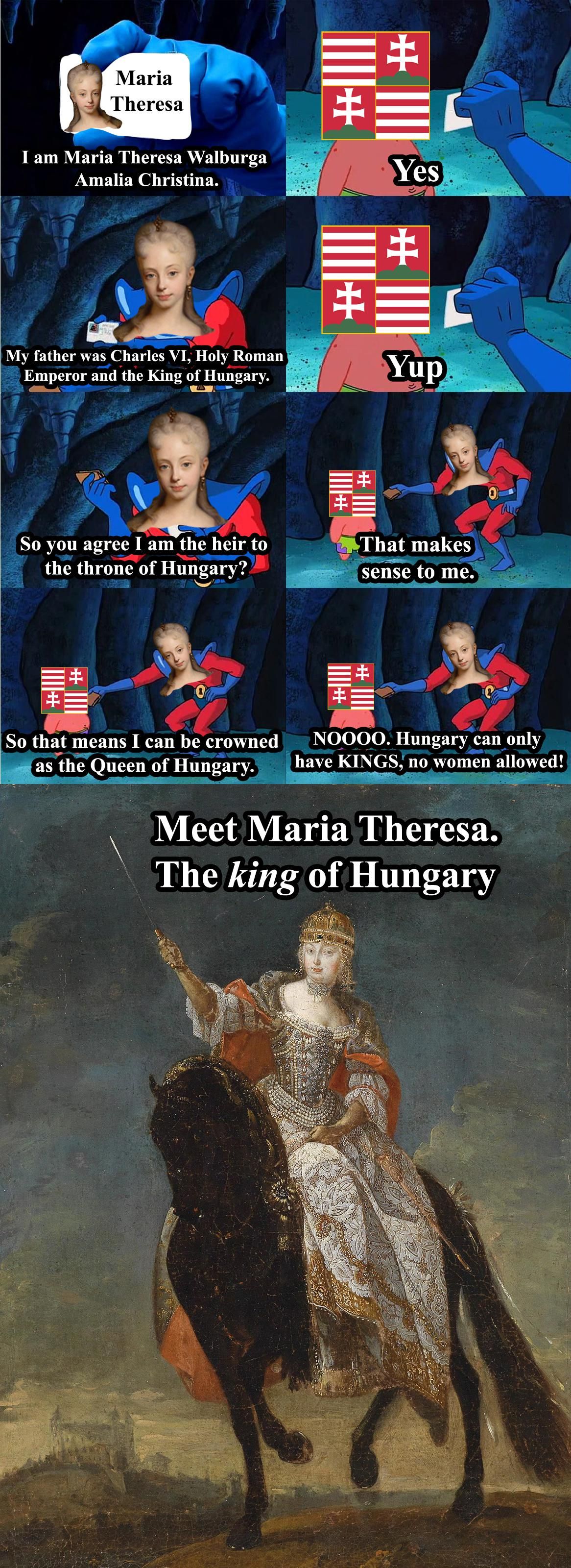 Maria Theresa had to be crowned as the 'King' of Hungary because there was no provision for female rule in Hungarian law.