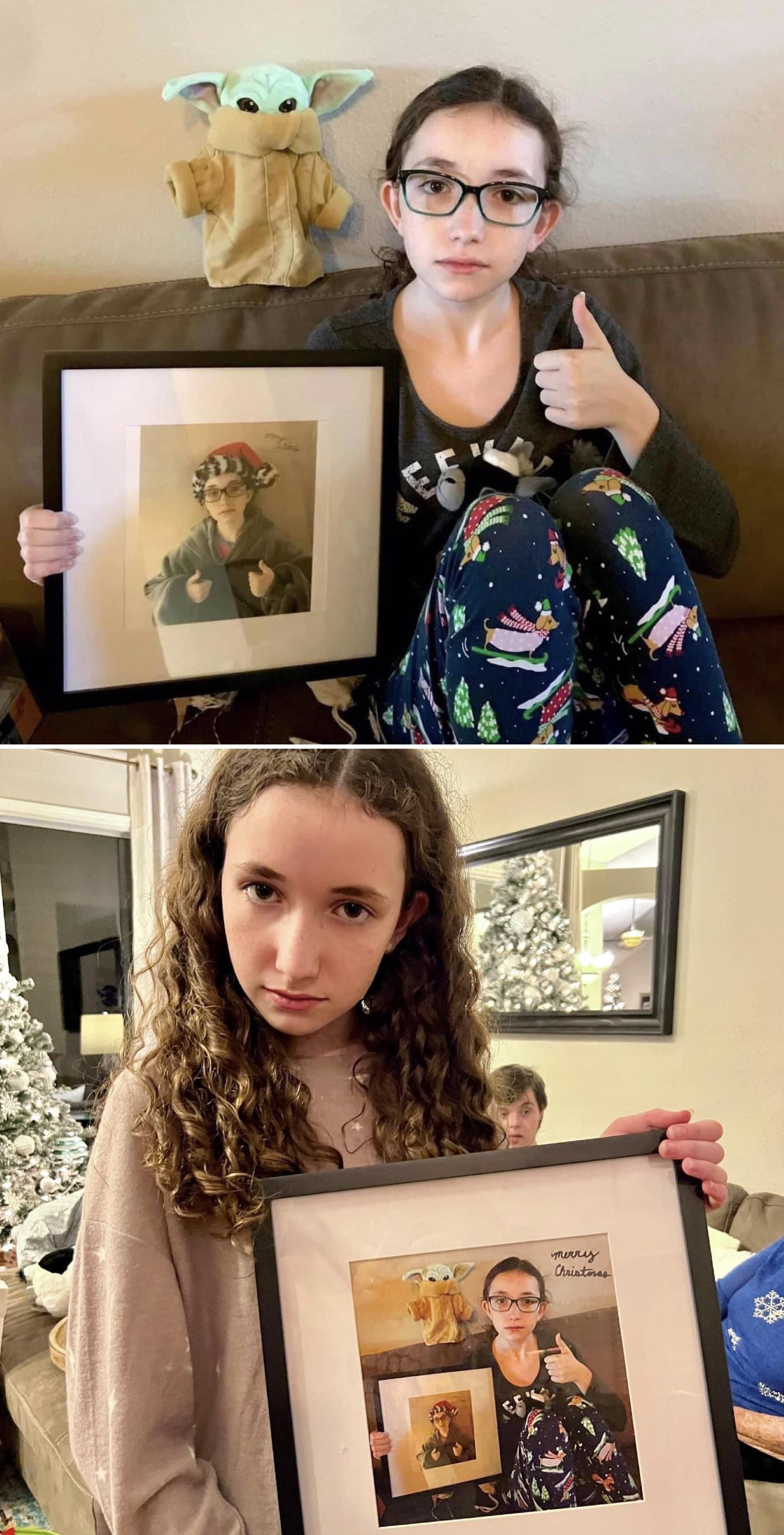 Last year for Christmas my daughter got my son a picture of herself. This year she got him a picture of herself holding the picture she got him last year.